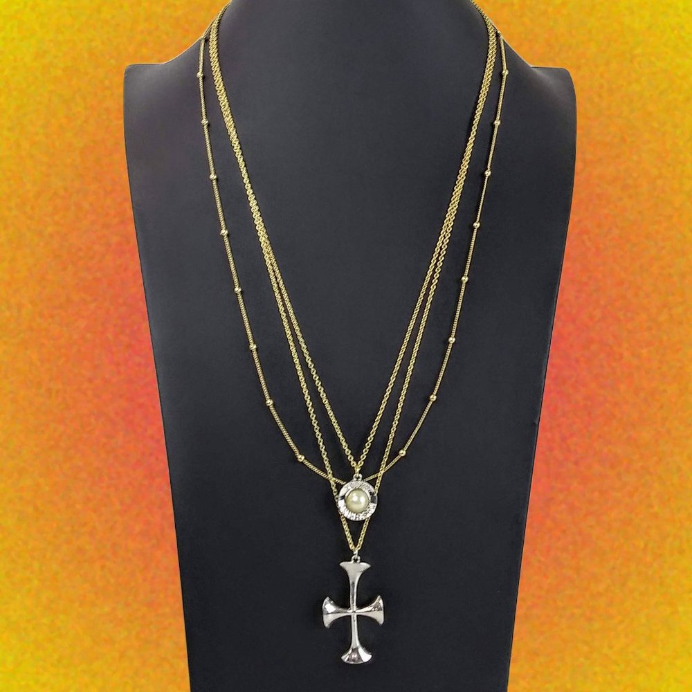 Gold Tone Triple Strand Pendants Statement Long Necklace